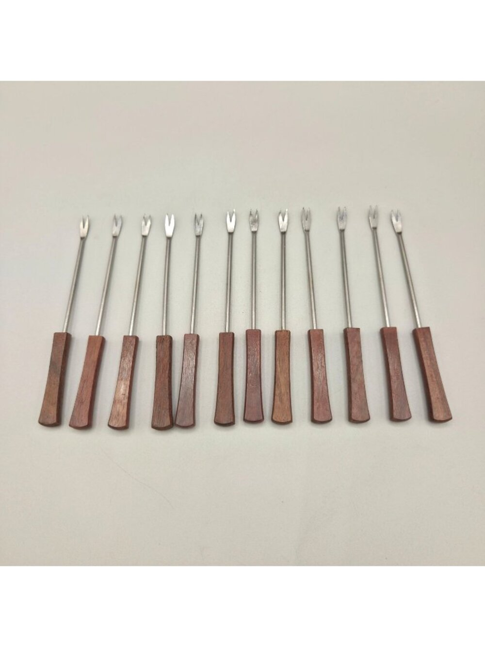 Vintage MCM Teak Wood Stainless Cocktail Pickle Cheese Forks Set of 12 Japan